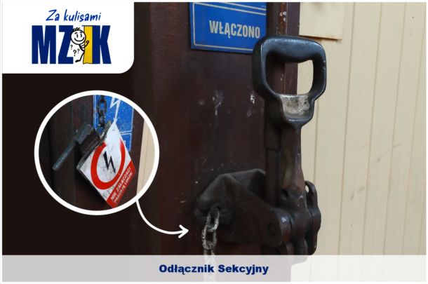 Znak graficzny Za kulisami MZK oraz zdjęcie odłącznika sekcyjnego