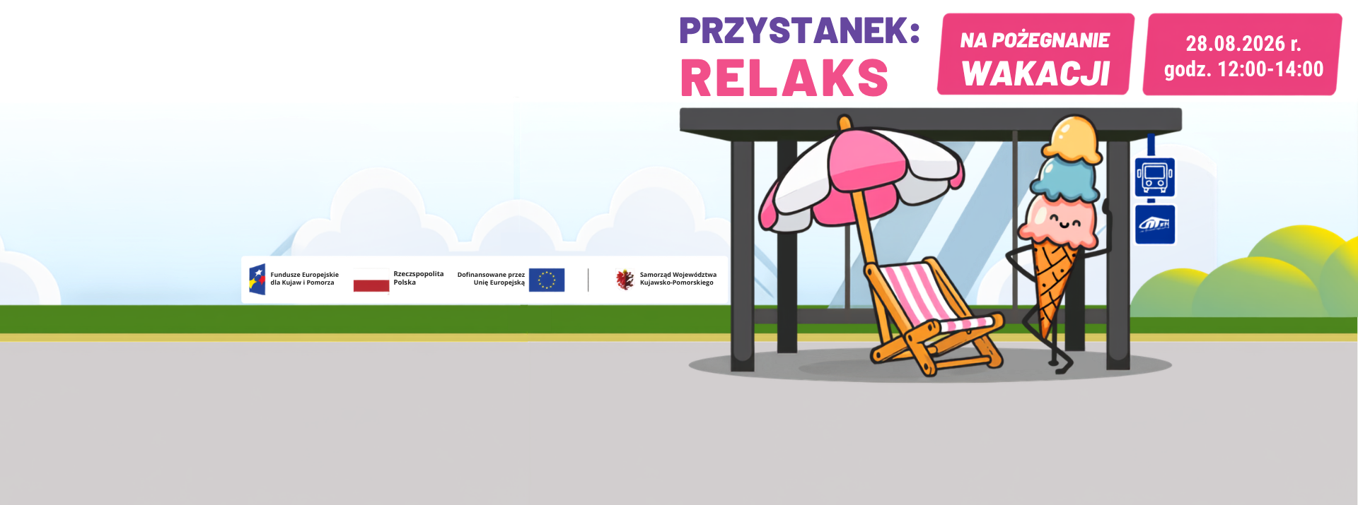 grafika promująca przystanek relaks: przystanek, leżak, lody