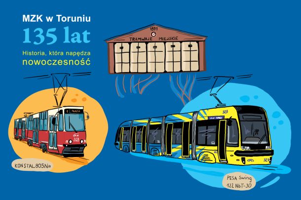 grafika promująca jubileusz MZK w Toruniu - grafiki pojazdów:  Pesa i Konstal