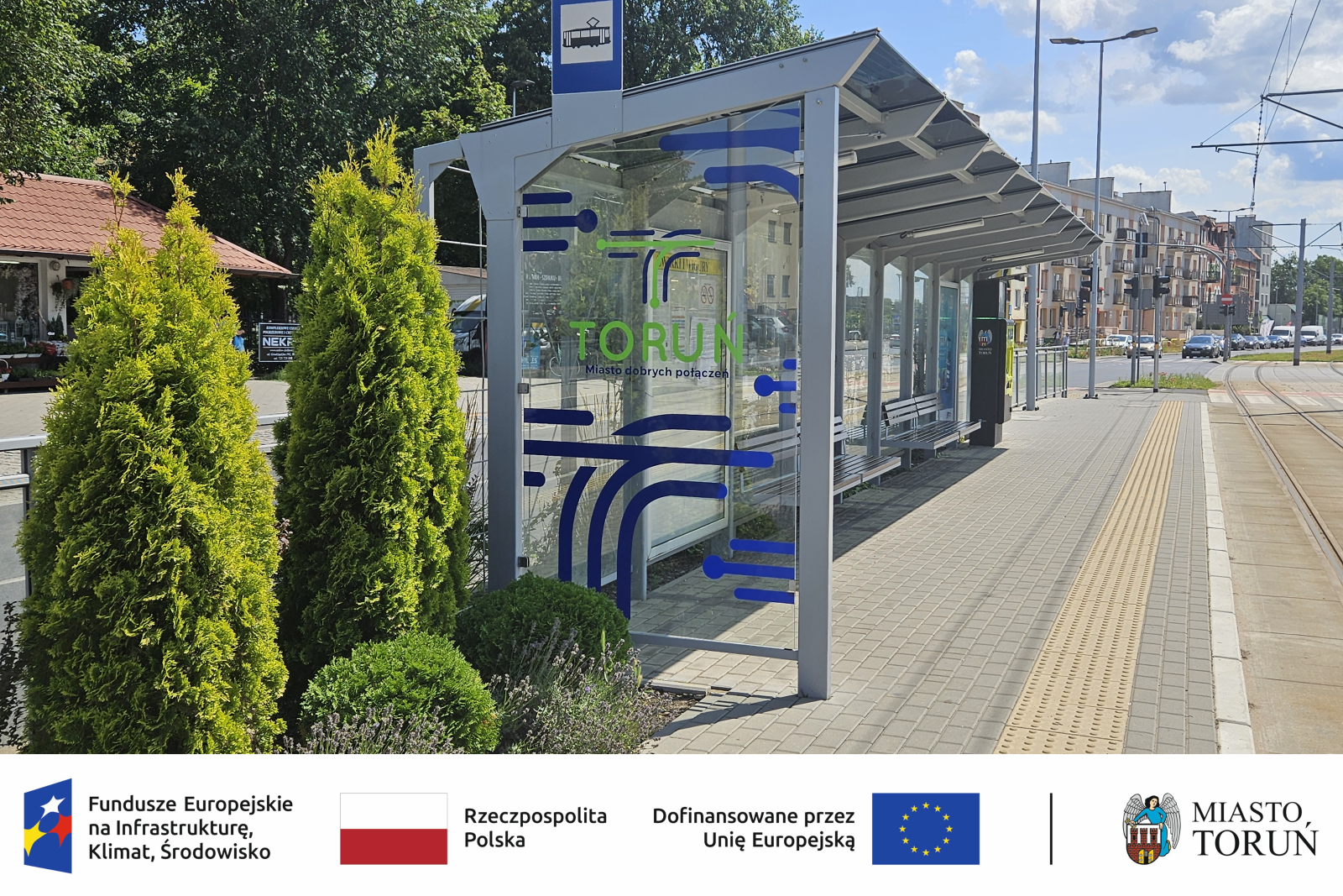 Zielony przystanek tramwajowy w Toruniu