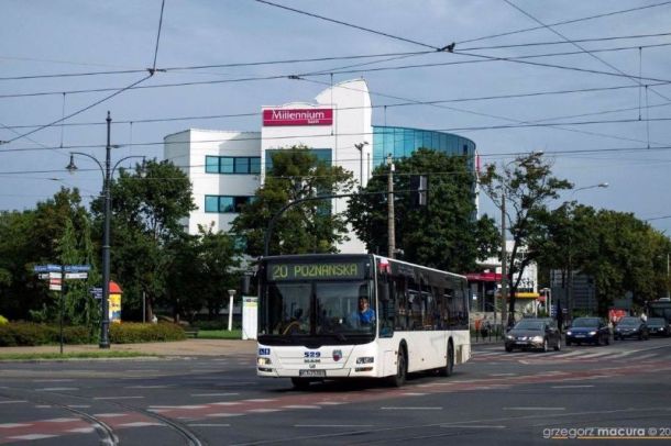 Biały autobus miejski MZK Toruń na Szosie Chełmińskiej